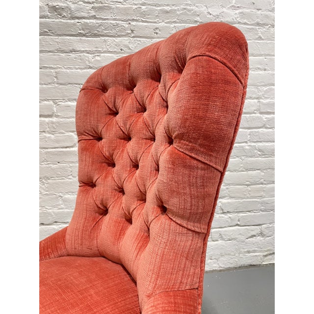 Victorian Tufted Slipper Chair | Pink Velvet Upholstery | Antique Accent Chair on Brass Casters, C. 1900's For Sale - Image 9 of 12