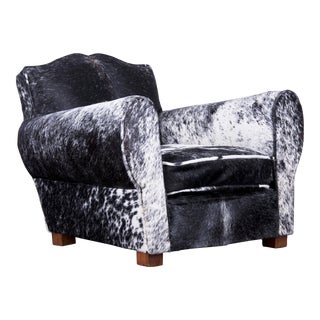 1930s French Art Deco Mustache Back Club Chair W/ Black and White Speckled Cowhide For Sale