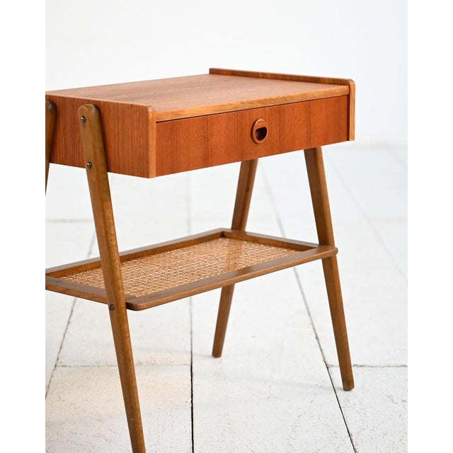 Scandinavian Teak Bedside Table with Rattan Shelf, 1950s For Sale - Image 6 of 13