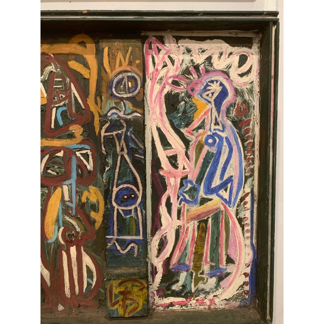 1970s 1970s Abstract Colorful Acrylic Painting on Found Wood For Sale - Image 5 of 12