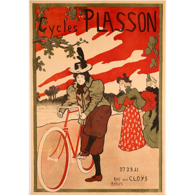 CYCLES PLASSON — MANUEL ROBBE — c.1897 Original French advertising poster for Plasson bicycles designed by Manuel Robbe....