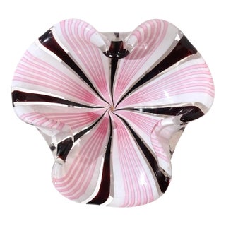 Vintage Murano Pink Black White Alternating Ribbons Italian Art Glass Folded Edges Decorative Bowl For Sale