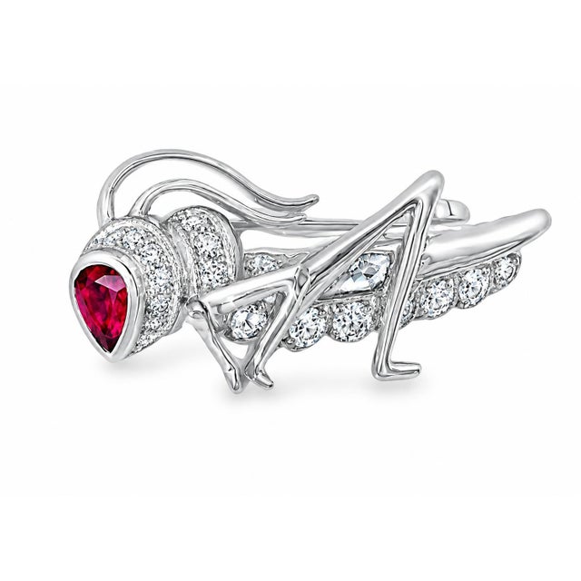 Late 20th Century 14K White Gold Ruby Diamond Grasshopper Brooch For Sale - Image 4 of 4