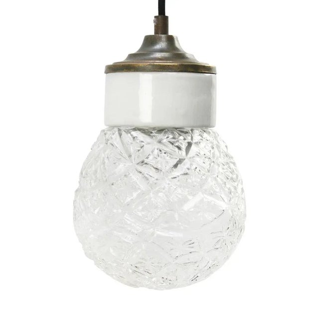 Metal Vintage Industrial White Porcelain, Clear Glass & Brass Pendant Light For Sale - Image 7 of 7