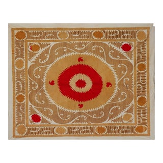 Uzbek Suzani Textile, Square Red and Camel Table Cover in Red Tones 4'2'' X 4'9'' For Sale