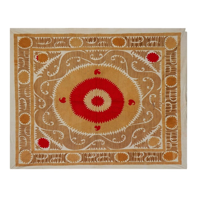 Uzbek Suzani Textile, Square Red and Camel Table Cover in Red Tones 4'2'' X 4'9'' For Sale