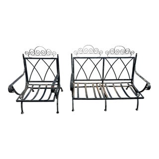 1970s Beautiful Vintage Wrought Iron MCM Bench & Oversized Chair For Sale