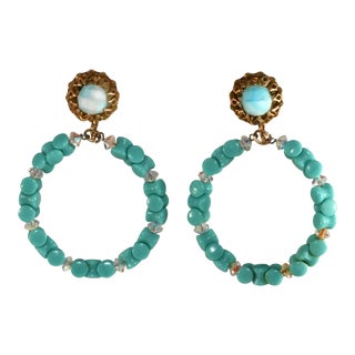 Vintage Hobe' Turquoise Blue Glass Beads Dangle Hoop Earrings - 2 Pieces For Sale