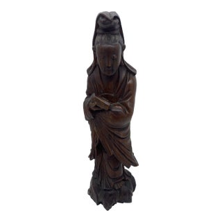 1990s Solid Wood Hand Carved Chinese Statue of Guanyin Qing Dynasty Knifework Shusai For Sale