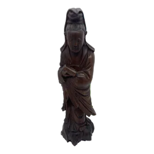 1990s Solid Wood Hand Carved Chinese Statue of Guanyin Qing Dynasty Knifework Shusai