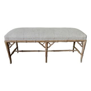 Vintage Hollywood Regency Style Faux Bamboo Carved Upholstered Bench For Sale