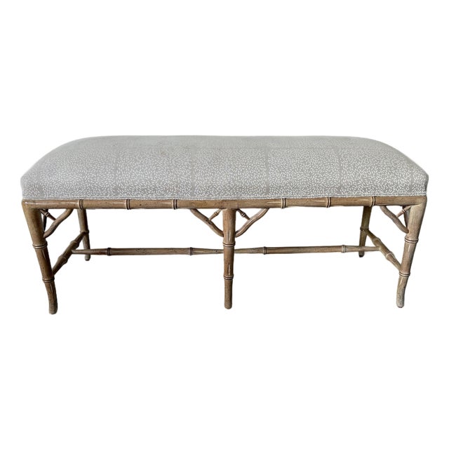 Vintage Hollywood Regency Style Faux Bamboo Carved Upholstered Bench For Sale