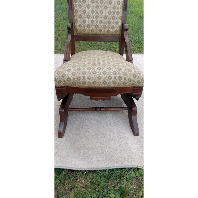 1920s 1920s Colonial Era Solid Wood Rocking Chair With Ornate Upholstery For Sale - Image 5 of 12