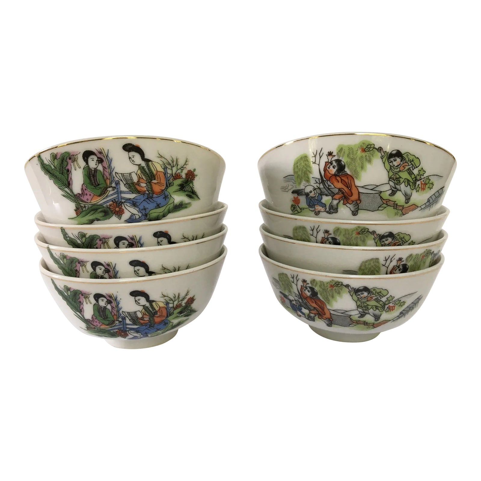 Late 20th Century Gold Rimmed Porcelain Rice Bowls With Japanese Scenes ...