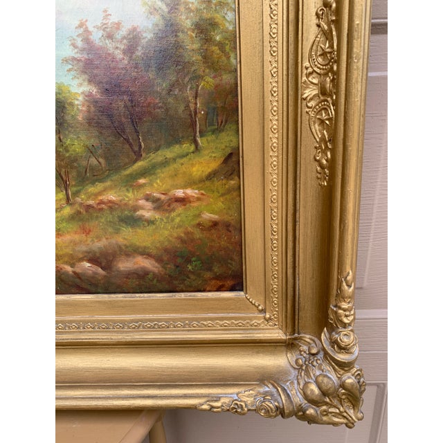 Wood Mid-19th Century English Country Landscape Oil in Ornate Giltwood Frame For Sale - Image 7 of 15