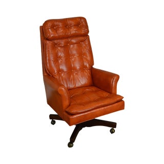 Classic Leather Mid Century Modern Tufted Orange Office Desk Chair For Sale