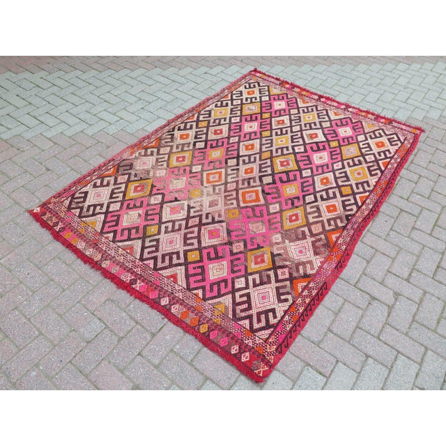 Mid 20th Century 60s Vintage Handmade Turkish Pink Kilim Jejim Boho Area Rug For Sale - Image 6 of 11