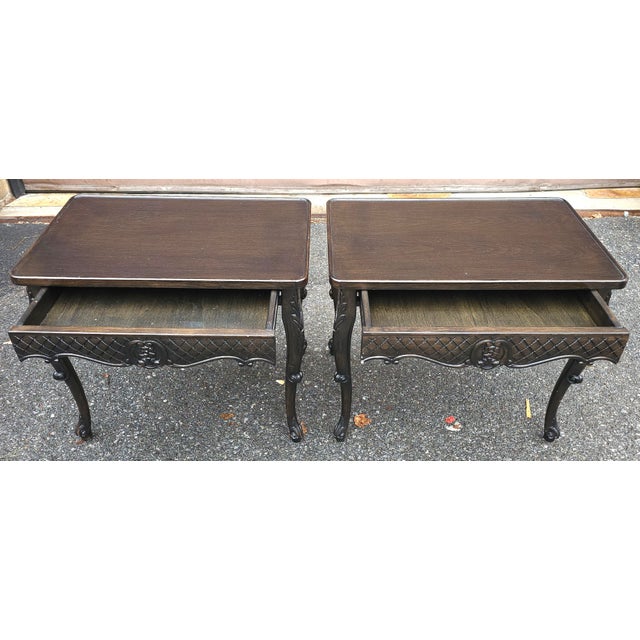 Wood Late 20th Century Pair Louis XV Style Stained Carved Walnut Single Drawer Side Tables For Sale - Image 7 of 12