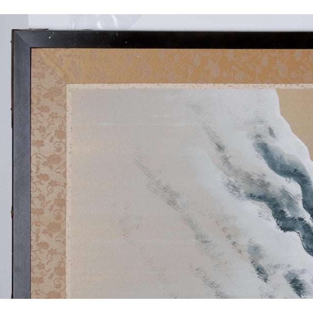 Mid-20th Century Byobu in Very Good + overall condition Japanese Silk Byobu "3 People in Snowy Mountain Winter" 4-Panel...