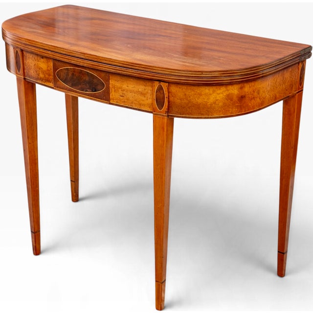 Antique American Federal North Shore Inlaid Mahogany Demilune Games Table For Sale - Image 4 of 15