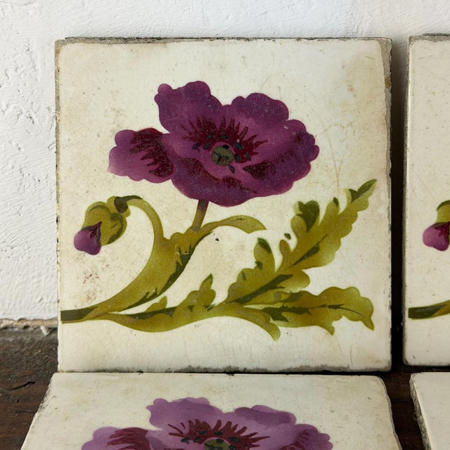 Antique Art Nouveau Floral Ceramic Tiles, 1890s, Set of 6 For Sale - Image 9 of 13