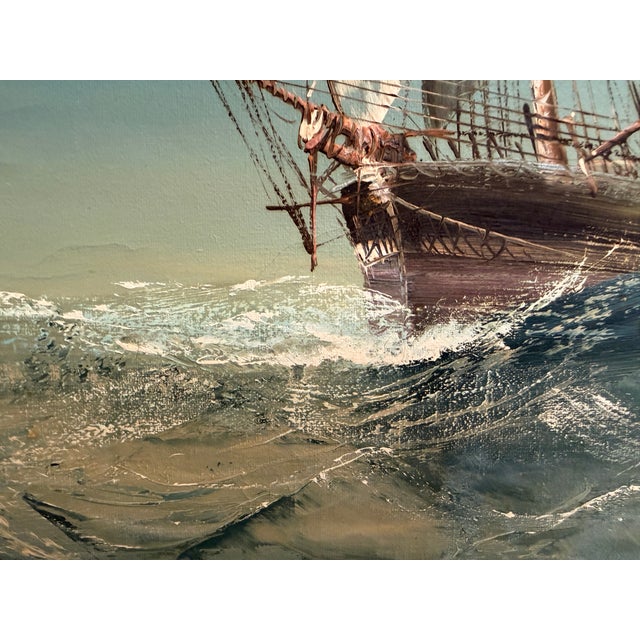 Large Vintage Signed Original Marine Oil Painting Tall Ship Nautical Seascape For Sale - Image 4 of 14