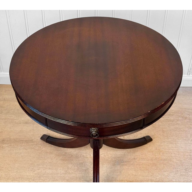Vintage Traditional Mahogany Round Drum Table W/ Lions Head Pulls For Sale - Image 6 of 13