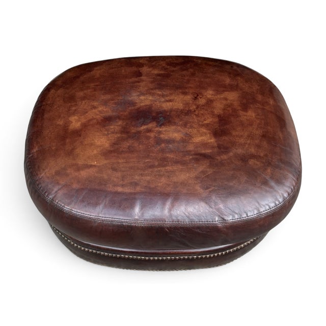 Vintage Oval Brown Leather Ottoman With Brass Nailhead Trim and Rounded Feet For Sale In Los Angeles - Image 6 of 10