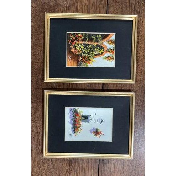 A charming set of two signed miniature architectural oil paintings featuring Mediterranean-style scenes with vibrant...