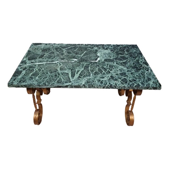 Wrought Iron Coffee Table with Scrollwork Decor and Marble Top, 20th Century Work For Sale