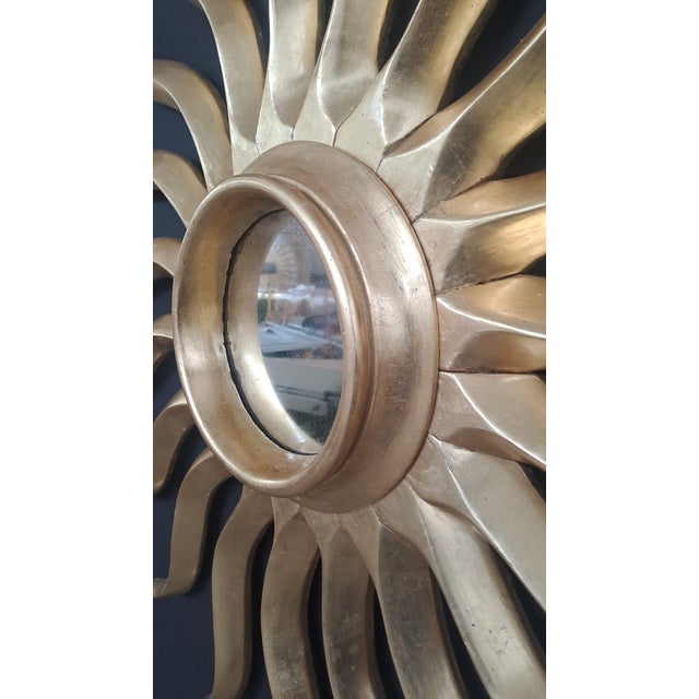 Mid-Century Modern Hand-Carved Giltwood Sunburst Mirror, Art Nouveau Style, Spain, 120 Cm For Sale - Image 3 of 3