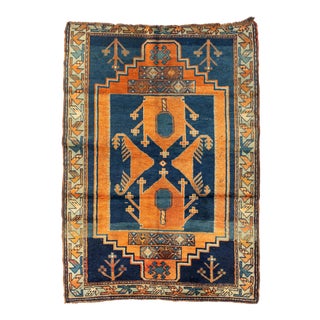 1920s-1930s Caucasian Orange and Blue Kazak Tribal Geometric Area Rug For Sale