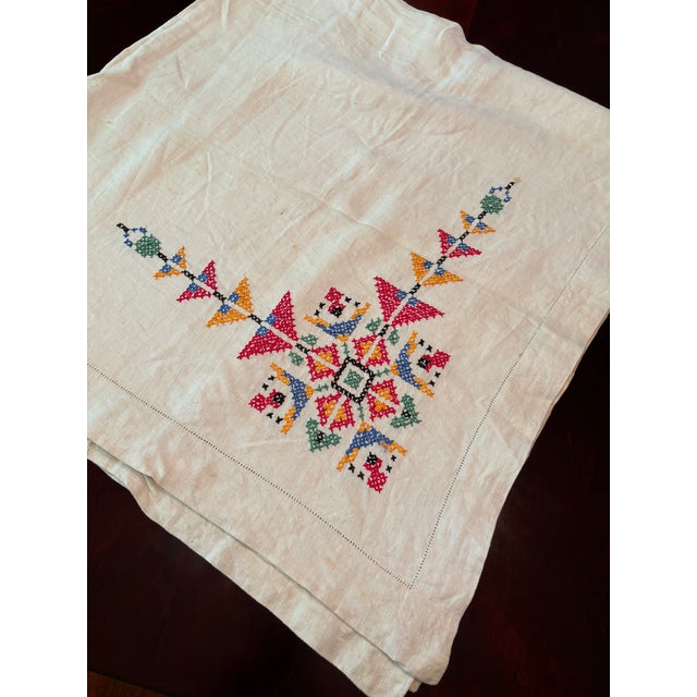 Vintage Hand Embroidered Linen Tablecloth-a Geometric Folk Inspired Cross Stitch Design For Sale - Image 4 of 4