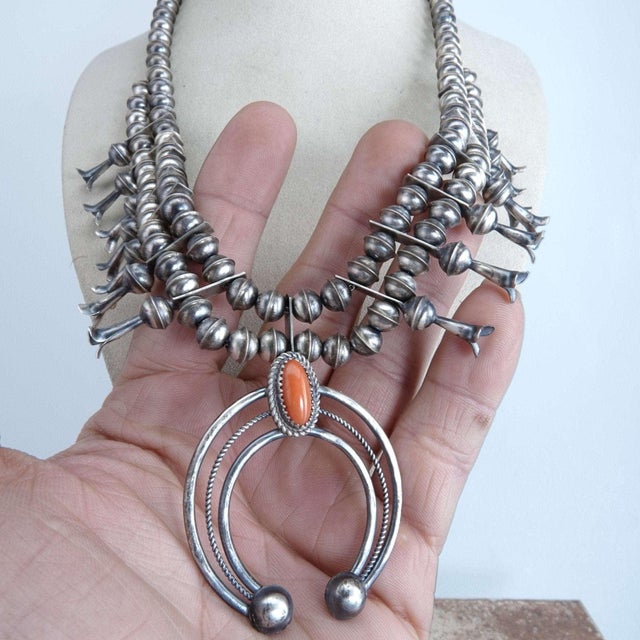 Phil Garcia Navajo Sterling and Coral Squash Blossom Necklace For Sale In Austin - Image 6 of 7