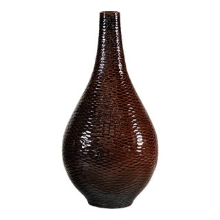 Large Deep Mahogany Brown Artisan Ceramic Vase with Honeycomb Texture For Sale