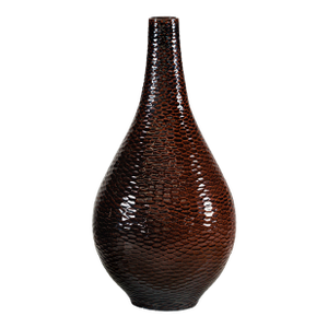 Large Deep Mahogany Brown Artisan Ceramic Vase with Honeycomb Texture