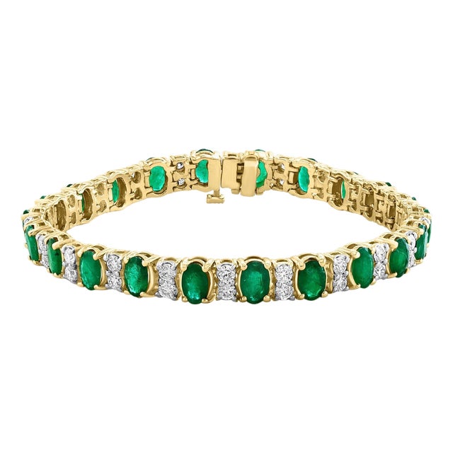 12 Carat Natural Emerald & 1 Carat Diamond Tennis Bracelet 14 Kt Yellow Gold For Sale