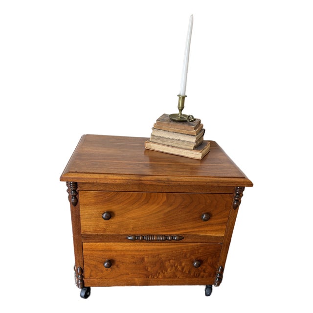 Vintage Traditional Solid Wood 2-Drawer Mobile File Cabinet on Darnell Industrial Casters For Sale