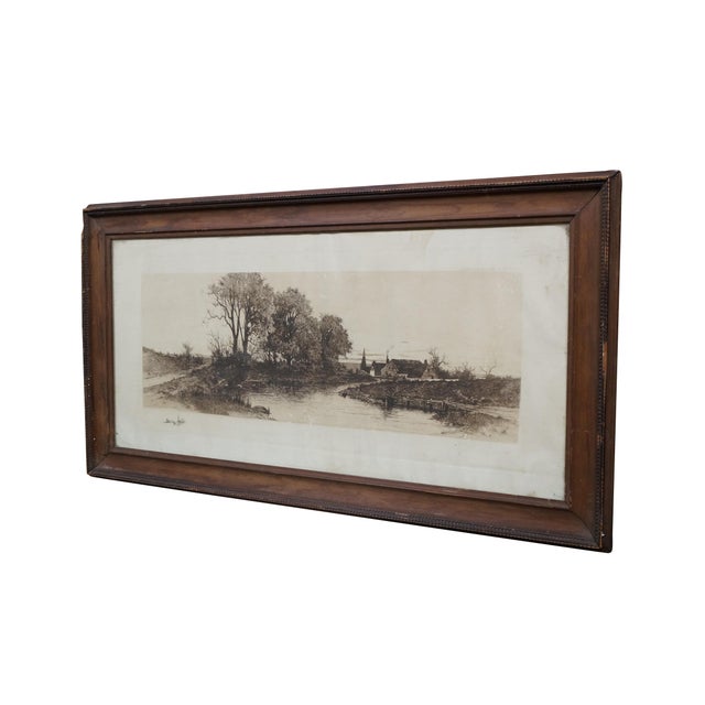 Victorian Antique Panoramic Country Farmhouse Church Steeple River Landscape Etching 30" For Sale - Image 3 of 13