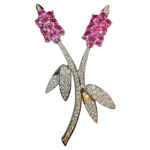 Vintage 18 Kt White Gold Diamond & 13 Ct Pink Sapp Floral Bouquet Broach 23.2 GM For Sale - Image 15 of 18