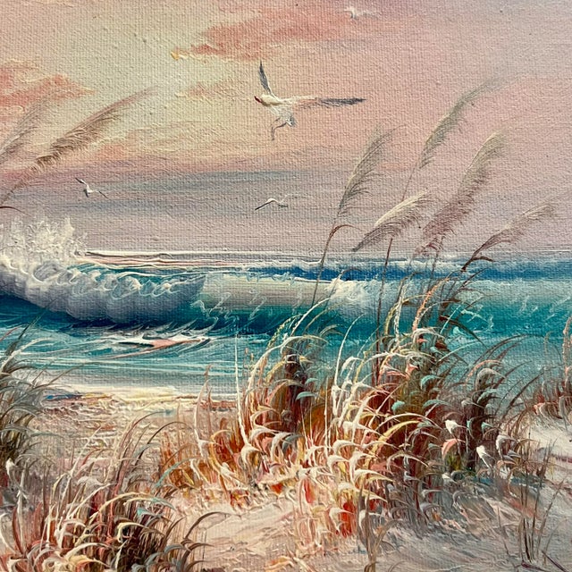 1990s Vintage Coastal Seascape Pink Sunset Breaking Waves Original Oil on Canvas Painting Signed and Framed For Sale - Image 5 of 13