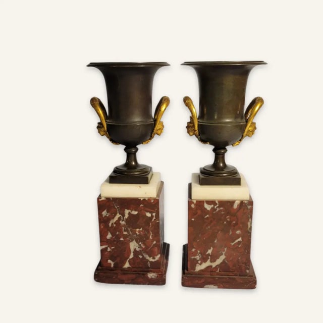 Neoclassical Pair of Mid 19th Century Small Napoleon III Bronze Urns With Doree Mounts and Marble Plinths For Sale - Image 3 of 13