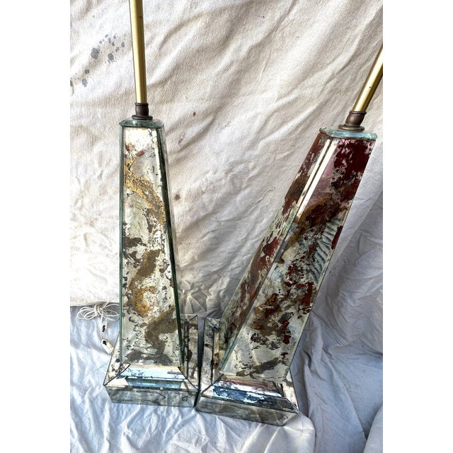 Metal Pair of Vintage Mirrored Gold Leaf Glass Obelisk Table Lamps For Sale - Image 7 of 12
