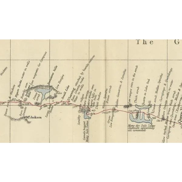 The map shows the route of the 1875 exploration led by Ernest Giles from Beltana Station in South Australia to the city of...