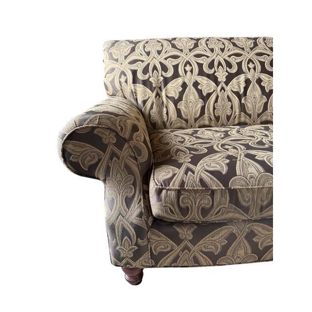 Late 20th Century English Roll Arm Damask Sofa For Sale - Image 5 of 7
