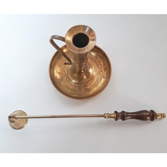 Vintage Brass Chamberstick Candle Holder and Brass & Wood Snuffer 2