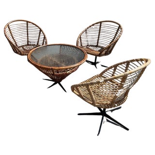 Rattan Swivel Chairs with Matching Table by Franco Albini, 1968, Set of 5 For Sale