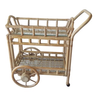Boho Chic Rattan Bamboo Bar Cart For Sale