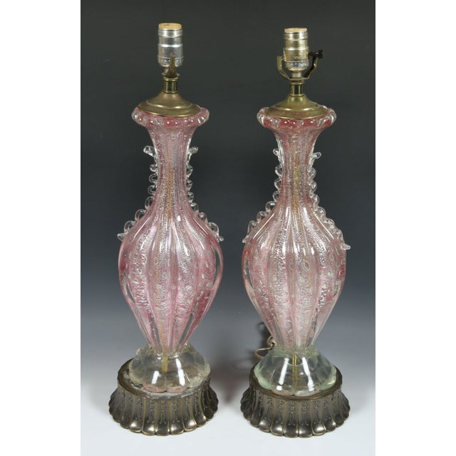 Murano Mid 20th Century Pink Italian Murano Glass Table Lamps - A Pair For Sale - Image 4 of 5