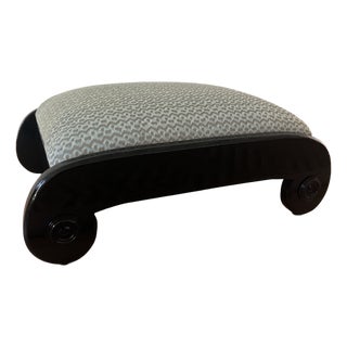 Neoclassical Style High Gloss Black Low Scroll Stool With Fortuny Cotton Fabric For Sale